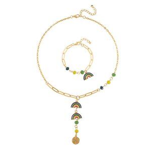 Multi Color Glass and Enameled Semicircle Charm Necklace and Bracelet Set